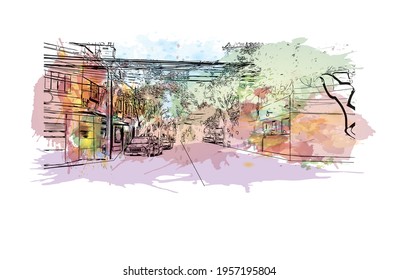 Building view with landmark of Ciudad Valles is the 
city in Mexico. Watercolour splash with hand drawn sketch illustration in vector.