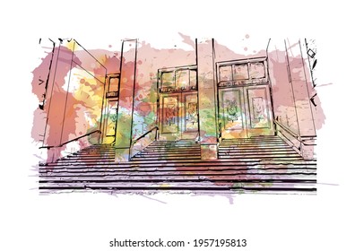 Building view with landmark of Ciudad Valles is the 
city in Mexico. Watercolour splash with hand drawn sketch illustration in vector.