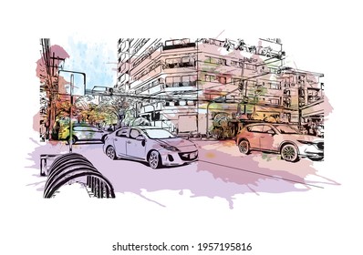 Building view with landmark of Ciudad Valles is the 
city in Mexico. Watercolour splash with hand drawn sketch illustration in vector.