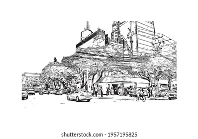 Building view with landmark of Ciudad Valles is the 
city in Mexico. Hand drawn sketch illustration in vector.