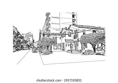 Building view with landmark of Ciudad Valles is the 
city in Mexico. Hand drawn sketch illustration in vector.