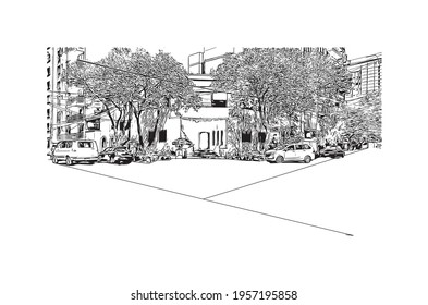 Building view with landmark of Ciudad Valles is the 
city in Mexico. Hand drawn sketch illustration in vector.