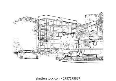 Building view with landmark of Ciudad Valles is the 
city in Mexico. Hand drawn sketch illustration in vector.