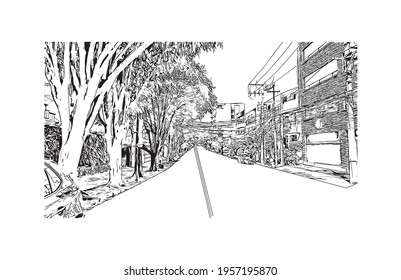 Building view with landmark of Ciudad Valles is the 
city in Mexico. Hand drawn sketch illustration in vector.