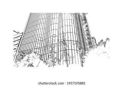 Building view with landmark of Ciudad Valles is the 
city in Mexico. Hand drawn sketch illustration in vector.