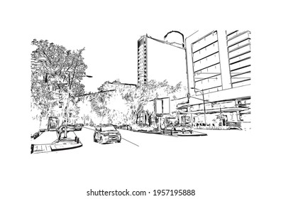 Building view with landmark of Ciudad Valles is the 
city in Mexico. Hand drawn sketch illustration in vector.