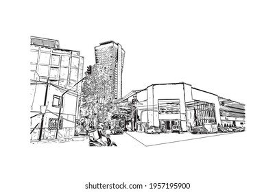 Building view with landmark of Ciudad Valles is the 
city in Mexico. Hand drawn sketch illustration in vector.