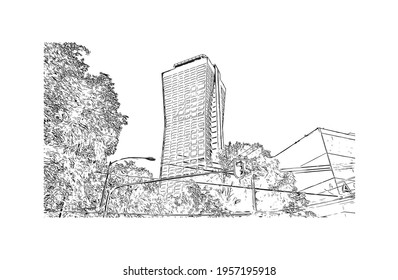 Building view with landmark of Ciudad Valles is the 
city in Mexico. Hand drawn sketch illustration in vector.