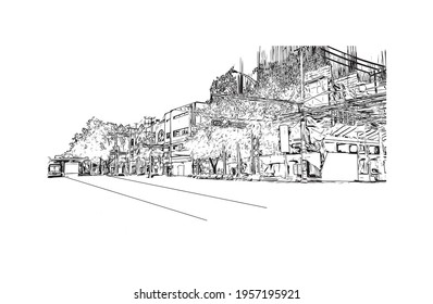 Building view with landmark of Ciudad Valles is the 
city in Mexico. Hand drawn sketch illustration in vector.