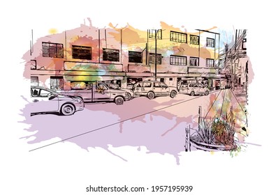 Building view with landmark of Ciudad Valles is the 
city in Mexico. Watercolour splash with hand drawn sketch illustration in vector.