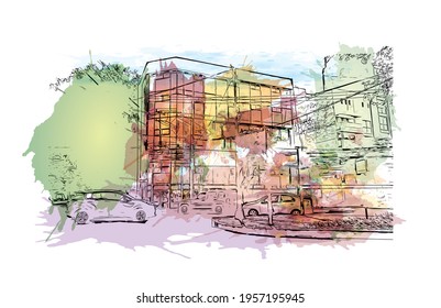 Building view with landmark of Ciudad Valles is the 
city in Mexico. Watercolour splash with hand drawn sketch illustration in vector.