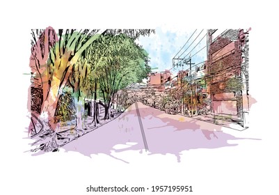 Building view with landmark of Ciudad Valles is the 
city in Mexico. Watercolour splash with hand drawn sketch illustration in vector.