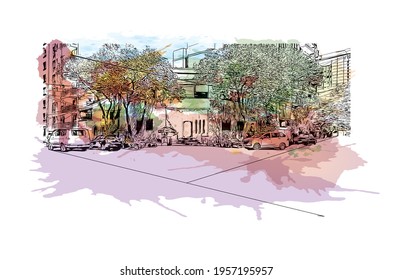 Building view with landmark of Ciudad Valles is the 
city in Mexico. Watercolour splash with hand drawn sketch illustration in vector.