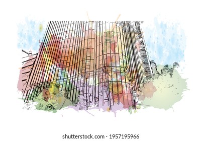 Building view with landmark of Ciudad Valles is the 
city in Mexico. Watercolour splash with hand drawn sketch illustration in vector.