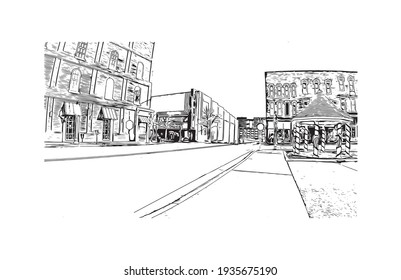 Building view with landmark of Clarksville is a city in north Tennessee. Hand drawn sketch illustration in vector.