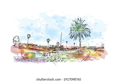 Building view with landmark of Clearwater is the
city in Florida. watercolour splash with hand drawn sketch illustration in vector.