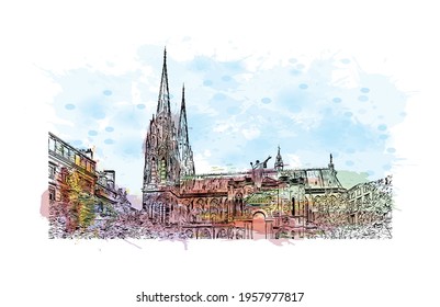 Building view with landmark of Clermont Ferrand is the 
city in France. Watercolour splash with hand drawn sketch illustration in vector.