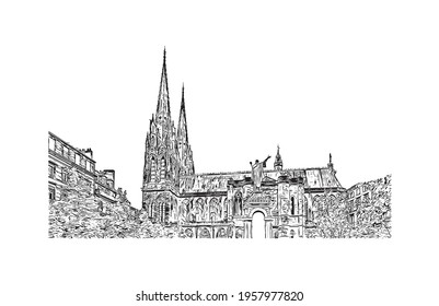 Building view with landmark of Clermont Ferrand is the 
city in France. Hand drawn sketch illustration in vector.