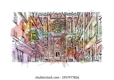 Building view with landmark of Clermont Ferrand is the 
city in France. Watercolour splash with hand drawn sketch illustration in vector.