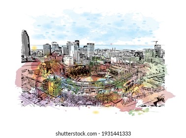 Building view with landmark of Cleveland is the 
city in Ohio. Watercolour splash with hand drawn sketch illustration in vector.