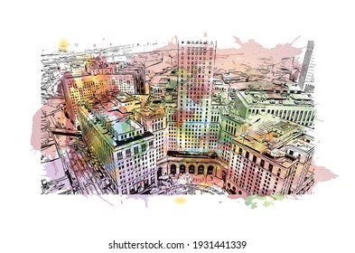 Building view with landmark of Cleveland is the 
city in Ohio. Watercolour splash with hand drawn sketch illustration in vector.