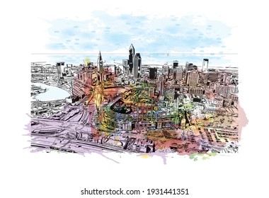 Building view with landmark of Cleveland is the 
city in Ohio. Watercolour splash with hand drawn sketch illustration in vector.