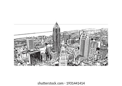 Building view with landmark of Cleveland is the 
city in Ohio. Hand drawn sketch illustration in vector.