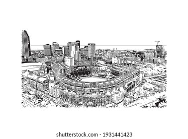 Building view with landmark of Cleveland is the 
city in Ohio. Hand drawn sketch illustration in vector.