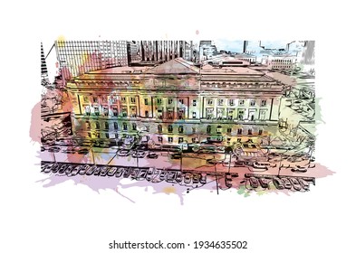 Building view with landmark of Cleveland is the
city in Ohio. Watercolour splash with hand drawn sketch illustration in vector.