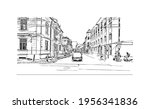 Building view with landmark of Cluj Napoca is the 
city in Romania. Hand drawn sketch illustration in vector.