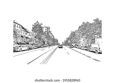 Building view with landmark of Cluj Napoca is the 
city in Romania. Hand drawn sketch illustration in vector.