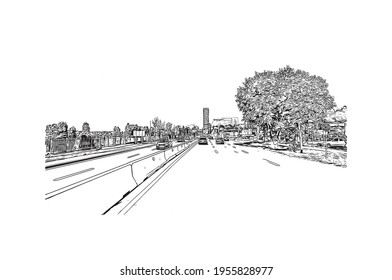 Building view with landmark of Cluj Napoca is the 
city in Romania. Hand drawn sketch illustration in vector.