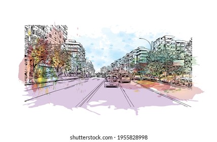 Building view with landmark of Cluj Napoca is the 
city in Romania. Watercolour splash with hand drawn sketch illustration in vector.