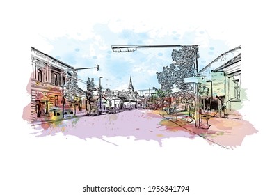 Building view with landmark of Cluj Napoca is the 
city in Romania. Watercolour splash with hand drawn sketch illustration in vector.