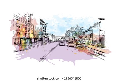 Building view with landmark of Cluj Napoca is the 
city in Romania. Watercolour splash with hand drawn sketch illustration in vector.