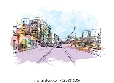 La vista de construcción con el punto de referencia de Cluj Napoca es el 
ciudad de Rumania. Salto de color de agua con ilustración de esbozo dibujada a mano en vector.