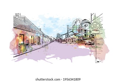 Der Ausblick auf das Gebäude mit Wahrzeichen von Cluj Napoca ist der 
Stadt in Rumänien. Aquarellspritzer mit handgezeichneter Skizzengrafik in Vektorgrafik.