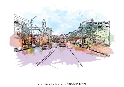 La vista de construcción con el punto de referencia de Cluj Napoca es el 
ciudad de Rumania. Salto de color de agua con ilustración de esbozo dibujada a mano en vector.
