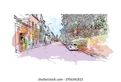 Building view with landmark of Cluj Napoca is the 
city in Romania. Watercolour splash with hand drawn sketch illustration in vector.