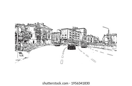 Der Ausblick auf das Gebäude mit Wahrzeichen von Cluj Napoca ist der 
Stadt in Rumänien. Handgezeichnete Skizzengrafik in Vektorgrafik.