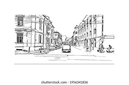 La vista de construcción con el punto de referencia de Cluj Napoca es el 
ciudad de Rumania. Dibujo a mano de ilustración de esbozo en vector.