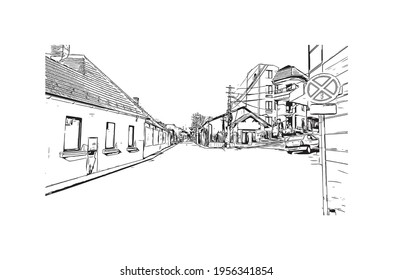 La vista de construcción con el punto de referencia de Cluj Napoca es el 
ciudad de Rumania. Dibujo a mano de ilustración de esbozo en vector.