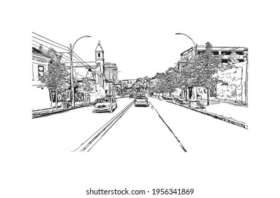 La vista de construcción con el punto de referencia de Cluj Napoca es el 
ciudad de Rumania. Dibujo a mano de ilustración de esbozo en vector.