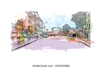 Building view with landmark of Cluj Napoca is the 
city in Romania. Watercolour splash with hand drawn sketch illustration in vector.