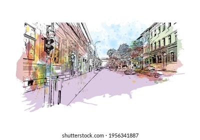 La vista de construcción con el punto de referencia de Cluj Napoca es el 
ciudad de Rumania. Salto de color de agua con ilustración de esbozo dibujada a mano en vector.