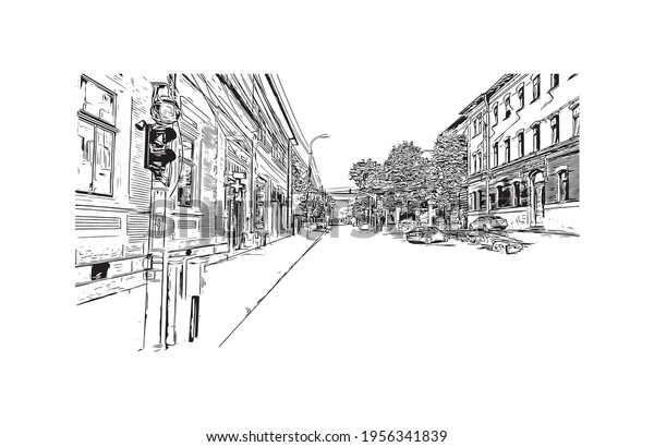 Building view with\
landmark of Cluj Napoca is the \
city in Romania. Hand drawn sketch\
illustration in\
vector.