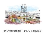 Building view with landmark of Cluj-Napoca, a city in northwestern Romania. Watercolor splash with Hand drawn sketch illustration in vector.