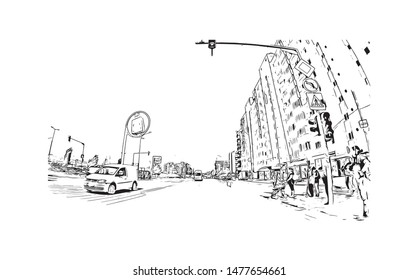 Building view with landmark of Cluj-Napoca, a city in northwestern Romania, is the unofficial capital of the Transylvania region. Hand drawn sketch illustration in vector.