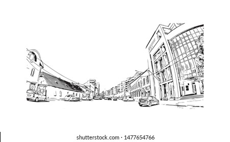 Building view with landmark of Cluj-Napoca, a city in northwestern Romania, is the unofficial capital of the Transylvania region. Hand drawn sketch illustration in vector.