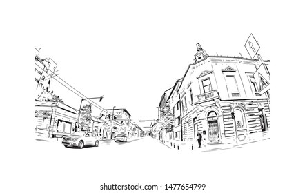 Building view with landmark of Cluj-Napoca, a city in northwestern Romania, is the unofficial capital of the Transylvania region. Hand drawn sketch illustration in vector.